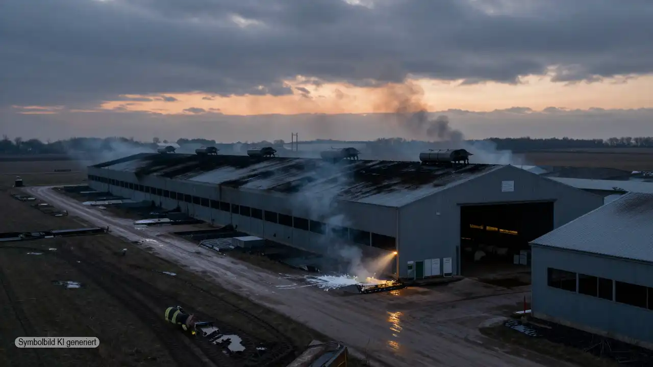 Verkohlter Schweinestall in ländlicher Umgebung mit beschädigten Lüftern und aufsteigendem Rauch nach einem Stallbrand Schweinemast im morgendlichen Dämmerlicht