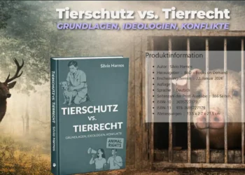 Titelbild zum Buch Tierschutz vs. Tierrecht: Ein Hirsch in freier Natur steht symbolisch für Tierschutz, während ein Schwein hinter Gitterstäben für die Konflikte und ideologischen Spannungen des Tierrechts steht. Daneben ist das Buch Tierschutz vs. Tierrecht – Grundlagen, Ideologien, Konflikte von Silvio Harnos abgebildet.