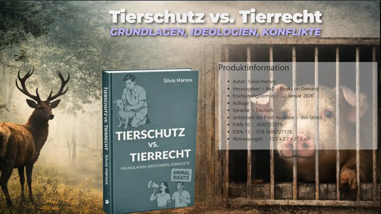 Titelbild zum Buch Tierschutz vs. Tierrecht: Ein Hirsch in freier Natur steht symbolisch für Tierschutz, während ein Schwein hinter Gitterstäben für die Konflikte und ideologischen Spannungen des Tierrechts steht. Daneben ist das Buch Tierschutz vs. Tierrecht – Grundlagen, Ideologien, Konflikte von Silvio Harnos abgebildet.