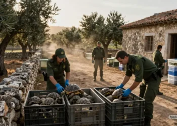 Guardia-Civil-Beamte sichern auf einer mallorquinischen Finca zahlreiche Schildkröten in Transportkisten als Beweis einer illegalen Schildkrötenzucht