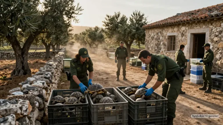 Guardia-Civil-Beamte sichern auf einer mallorquinischen Finca zahlreiche Schildkröten in Transportkisten als Beweis einer illegalen Schildkrötenzucht