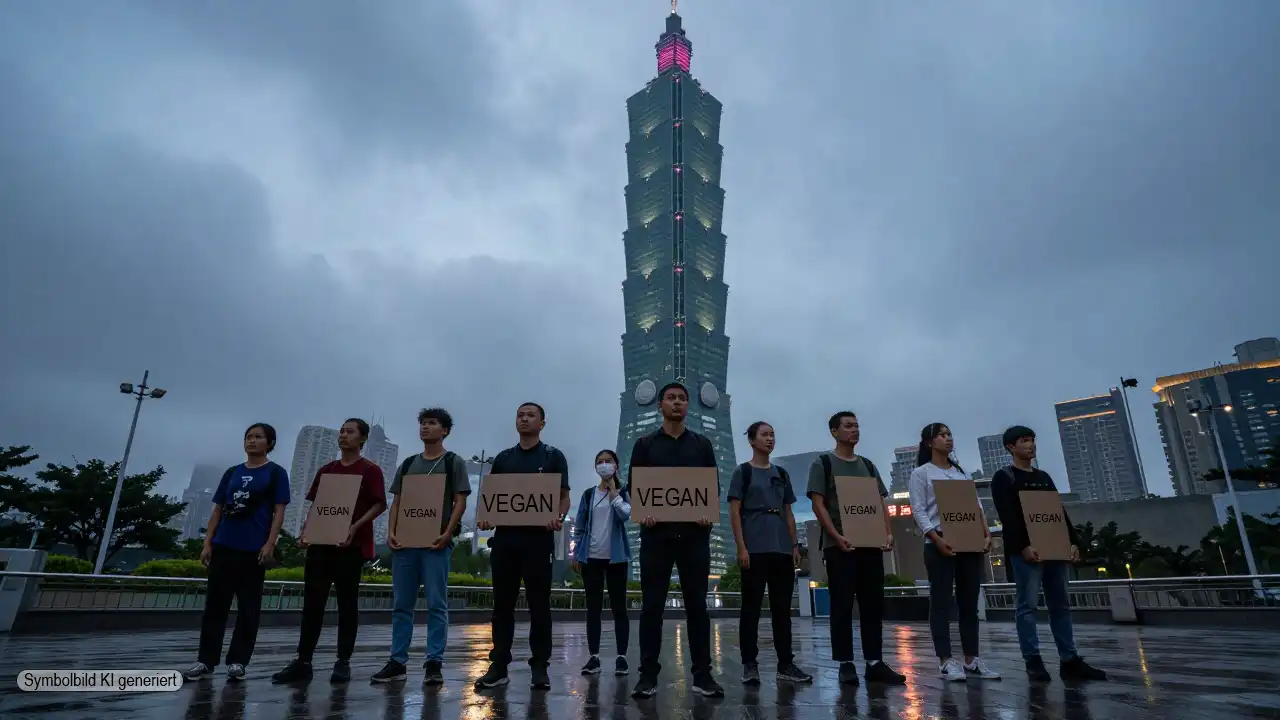 Aktivisten stehen mit leeren Schildern vor dem beleuchteten Taipei 101 bei Regen, während hoch oben ein Kletterer zu sehen ist und die Szene die umstrittene Aktion PETA Alex Honnold symbolisiert