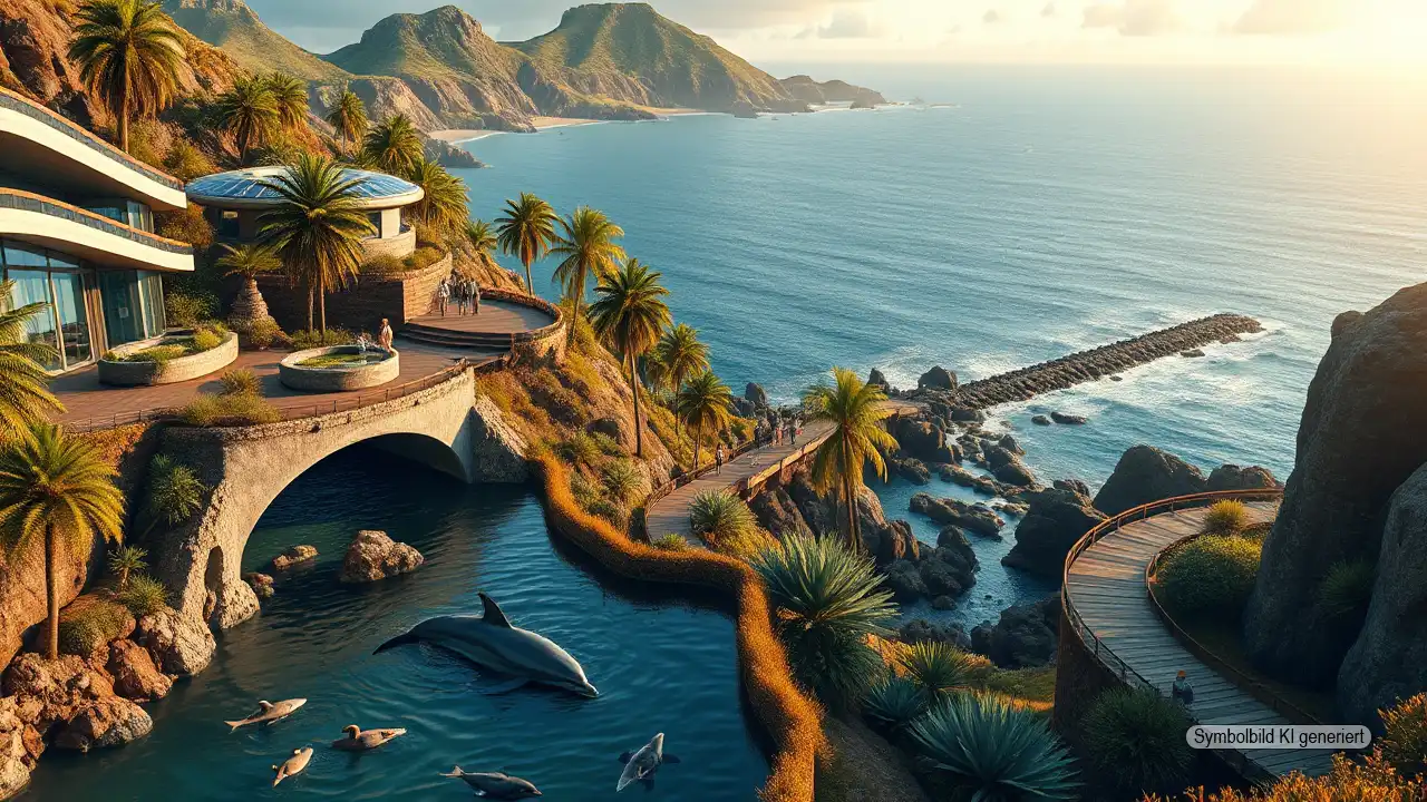 Regenerativer Tourismus als Zukunftsmodell 1 Küstenlandschaft auf den Kanarischen Inseln mit naturnah integriertem Tierpark, gepflegten Lebensräumen für Tiere, respektvollen Besuchern und moderner nachhaltiger Architektur als Symbol für regenerativer Tourismus