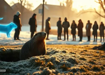 PETA will Punxsutawney Phil Hologramm 29 Ein echtes Murmeltier steht im morgendlichen Winterlicht vor seinem Bau, während im Hintergrund ein leuchtendes Punxsutawney Phil Hologramm über einer Menschenmenge schwebt und den Konflikt zwischen Tradition und Tierschutz symbolisiert