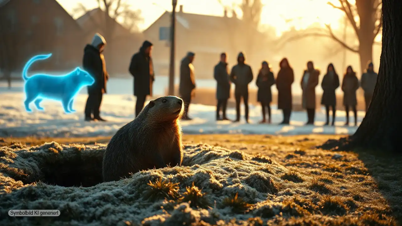 Ein echtes Murmeltier steht im morgendlichen Winterlicht vor seinem Bau, während im Hintergrund ein leuchtendes Punxsutawney Phil Hologramm über einer Menschenmenge schwebt und den Konflikt zwischen Tradition und Tierschutz symbolisiert