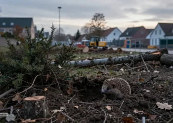 Artenschutz Transparenz Beckum – wenn Tierschutz zur Grundsatzfrage wird 23 Gerodete Grünfläche mit freigelegtem Igelversteck, Baumstümpfen und Baustellenabsperrung als Sinnbild für Artenschutz Transparenz Beckum