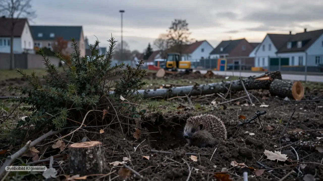 Gerodete Grünfläche mit freigelegtem Igelversteck, Baumstümpfen und Baustellenabsperrung als Sinnbild für Artenschutz Transparenz Beckum