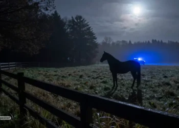 PETA Kritik: Der Fall Neuss und die Grenzen des Aktivismus 27 Nächtliche Pferdeweide am Waldrand mit Polizeilicht im Hintergrund als Symbol für PETA Kritik im Fall Neuss