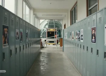 Leerer amerikanischer Schulflur mit Spinden und Blick auf ein im Umbau befindliches Planetarium, an den Spinden hängen ideologische Motive als Symbol für PETA Schulwerbung in Bildungseinrichtungen