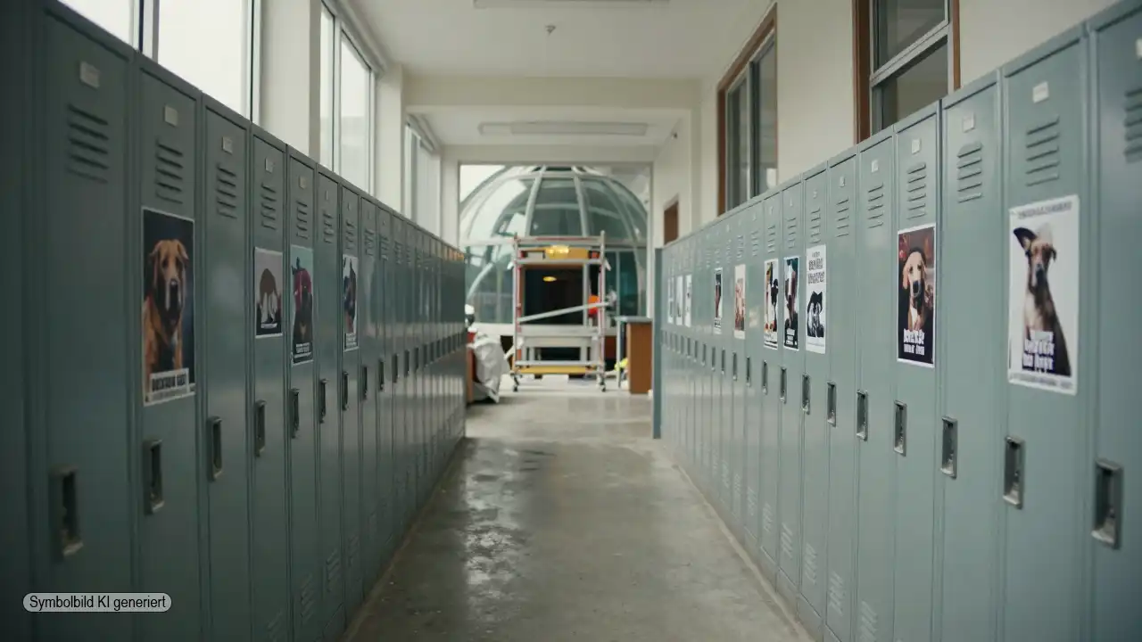 Leerer amerikanischer Schulflur mit Spinden und Blick auf ein im Umbau befindliches Planetarium, an den Spinden hängen ideologische Motive als Symbol für PETA Schulwerbung in Bildungseinrichtungen