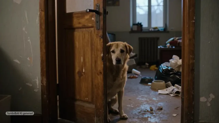 Vernachlässigter Hund sitzt in dunklem Wohnungsflur hinter halb geöffneter Tür und symbolisiert Tierschutzverletzungen Niederrhein