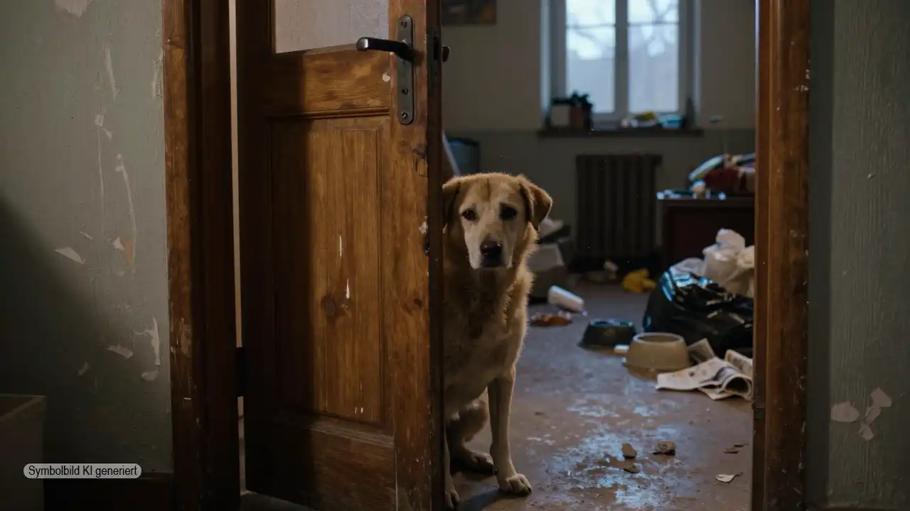 Vernachlässigter Hund sitzt in dunklem Wohnungsflur hinter halb geöffneter Tür und symbolisiert Tierschutzverletzungen Niederrhein