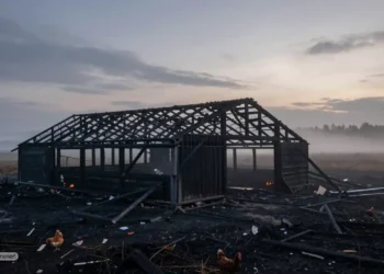 Ausgebrannter Hühnerstall in ländlicher Umgebung bei Bad Fallingbostel nach dem Brand, der die Hühnerstall Brandermittlungen auslöste