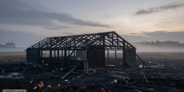 Ausgebrannter Hühnerstall in ländlicher Umgebung bei Bad Fallingbostel nach dem Brand, der die Hühnerstall Brandermittlungen auslöste