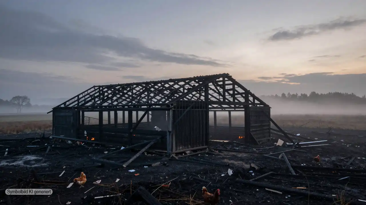 Ausgebrannter Hühnerstall in ländlicher Umgebung bei Bad Fallingbostel nach dem Brand, der die Hühnerstall Brandermittlungen auslöste