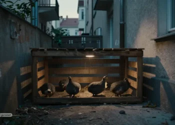 Beengter Hinterhof in Wien mit niedrigen gestapelten Kisten, in denen japanische Legewachteln gehalten werden, als Symbol für umstrittene Wachtelhaltung Penzing