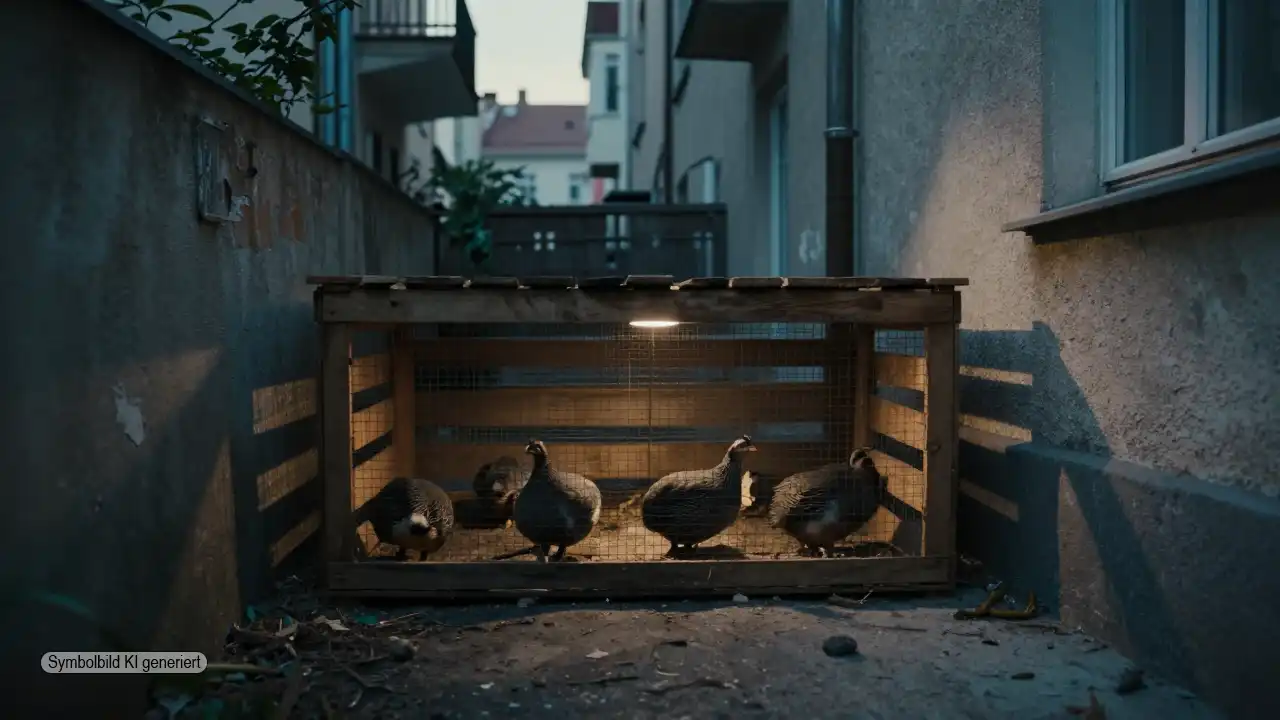 Wachtelhaltung Penzing: Behörden prüfen, Öffentlichkeit schaut hin 1 Beengter Hinterhof in Wien mit niedrigen gestapelten Kisten, in denen japanische Legewachteln gehalten werden, als Symbol für umstrittene Wachtelhaltung Penzing