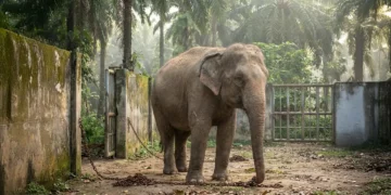 Asiatischer Elefant steht allein in einem tropischen Zoo mit verfallenen Gehegen und abgelegten Ketten als Symbol für das Elefantenreit Verbot Indonesien und ungelöste Haltungsprobleme