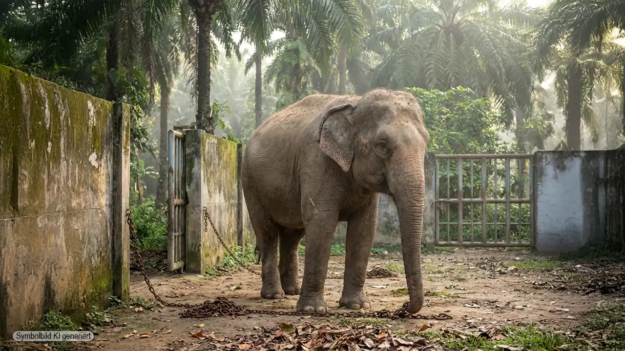 Asiatischer Elefant steht allein in einem tropischen Zoo mit verfallenen Gehegen und abgelegten Ketten als Symbol für das Elefantenreit Verbot Indonesien und ungelöste Haltungsprobleme