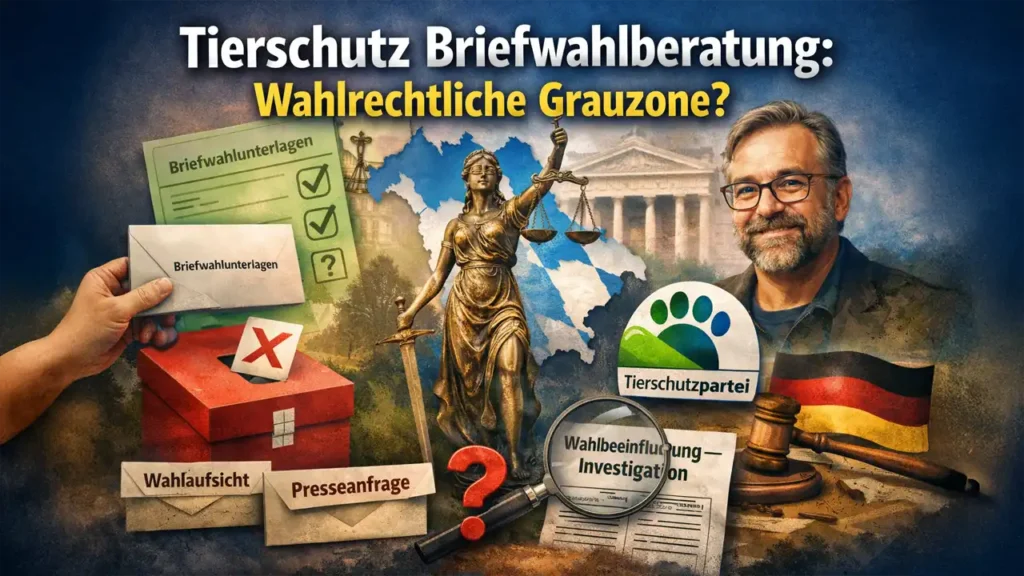 Titelbild zur Tierschutz Briefwahlberatung: Briefwahlunterlagen, Justitia, Wahlurne und Lupe symbolisieren wahlrechtliche Grauzonen und Prüfung.