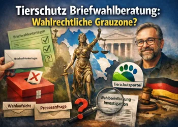 Titelbild zur Tierschutz Briefwahlberatung: Briefwahlunterlagen, Justitia, Wahlurne und Lupe symbolisieren wahlrechtliche Grauzonen und Prüfung.