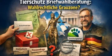 Zur wahlrechtlichen Grauzone einer angebotenen „Tierschutz-Briefwahlberatung“ in Bayern 22 Titelbild zur Tierschutz Briefwahlberatung: Briefwahlunterlagen, Justitia, Wahlurne und Lupe symbolisieren wahlrechtliche Grauzonen und Prüfung.