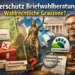 Titelbild zur Tierschutz Briefwahlberatung: Briefwahlunterlagen, Justitia, Wahlurne und Lupe symbolisieren wahlrechtliche Grauzonen und Prüfung.