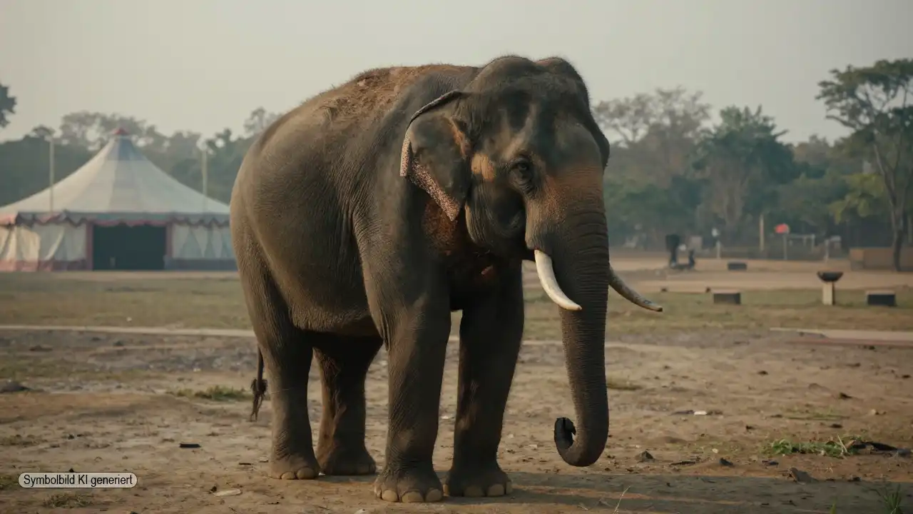 Der Fall Bara zeigt eine alte asiatische Elefantenkuh, ruhig stehend zwischen angedeutetem Zirkus und offener Landschaft als Symbol tierrechtlicher Denklogiken