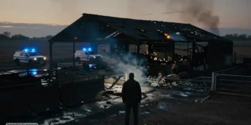 Verbrannter Schweinestall bei Dämmerung mit Polizeilichtern im Hintergrund und einem allein stehenden Landwirt, der die Zerstörung nach der Brandstiftung Schweinestall betrachtet