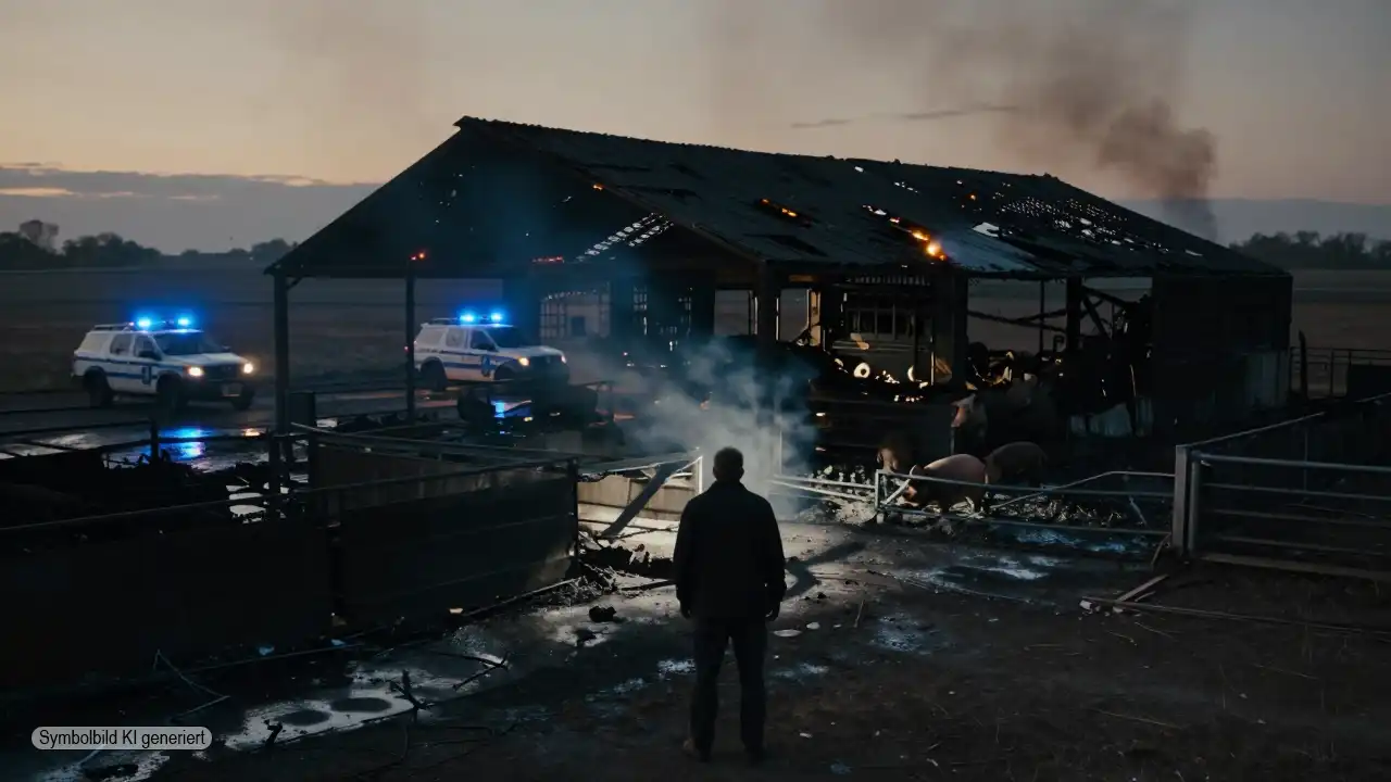 Verbrannter Schweinestall bei Dämmerung mit Polizeilichtern im Hintergrund und einem allein stehenden Landwirt, der die Zerstörung nach der Brandstiftung Schweinestall betrachtet
