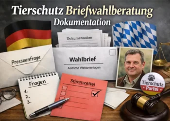 Photorealistisches Titelbild zur Tierschutz Briefwahlberatung Dokumentation mit Wahlbrief, Stimmzettel, Presseanfrage und journalistischen Unterlagen.