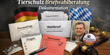 Photorealistisches Titelbild zur Tierschutz Briefwahlberatung Dokumentation mit Wahlbrief, Stimmzettel, Presseanfrage und journalistischen Unterlagen.