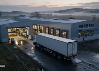 Modernisierter Schlachthof Gärtringen im Morgennebel mit leerem Tiertransporter, nassem Asphalt und Spuren von Nutztierhaltung vor ländlicher Umgebung