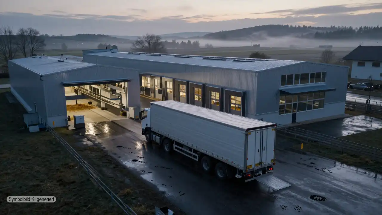 Modernisierter Schlachthof Gärtringen im Morgennebel mit leerem Tiertransporter, nassem Asphalt und Spuren von Nutztierhaltung vor ländlicher Umgebung