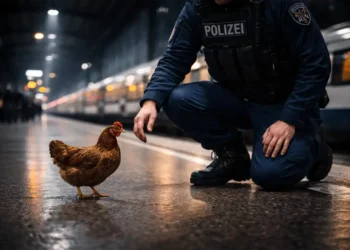 Huhn steht nachts am Münchner Hauptbahnhof neben einem Bundespolizisten, der es ruhig schützt und damit gelebten Tierschutz Bundespolizei zeigt