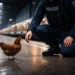 Huhn steht nachts am Münchner Hauptbahnhof neben einem Bundespolizisten, der es ruhig schützt und damit gelebten Tierschutz Bundespolizei zeigt
