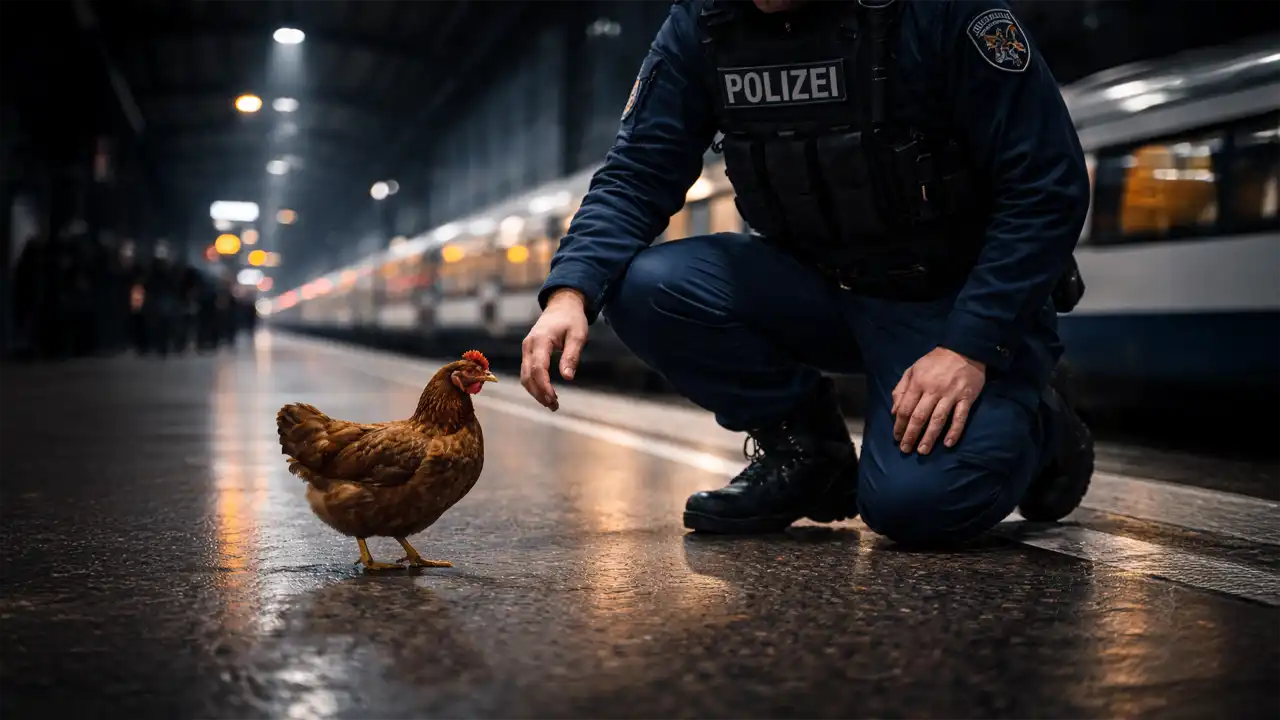 Huhn steht nachts am Münchner Hauptbahnhof neben einem Bundespolizisten, der es ruhig schützt und damit gelebten Tierschutz Bundespolizei zeigt