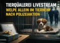 Verängstigter Welpe sitzt allein in einem Tierheimzwinger, während im Hintergrund Polizisten verschwommen weggehen und eine unbeachtete Urkunde auf einem Tisch liegt, Sinnbild für Tierquälerei Livestream und fehlende Hilfe für das Tier