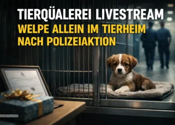 Verängstigter Welpe sitzt allein in einem Tierheimzwinger, während im Hintergrund Polizisten verschwommen weggehen und eine unbeachtete Urkunde auf einem Tisch liegt, Sinnbild für Tierquälerei Livestream und fehlende Hilfe für das Tier