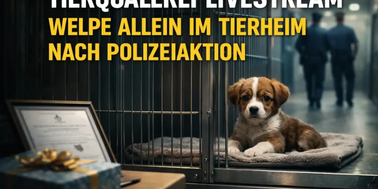 Verängstigter Welpe sitzt allein in einem Tierheimzwinger, während im Hintergrund Polizisten verschwommen weggehen und eine unbeachtete Urkunde auf einem Tisch liegt, Sinnbild für Tierquälerei Livestream und fehlende Hilfe für das Tier