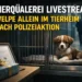 Verängstigter Welpe sitzt allein in einem Tierheimzwinger, während im Hintergrund Polizisten verschwommen weggehen und eine unbeachtete Urkunde auf einem Tisch liegt, Sinnbild für Tierquälerei Livestream und fehlende Hilfe für das Tier