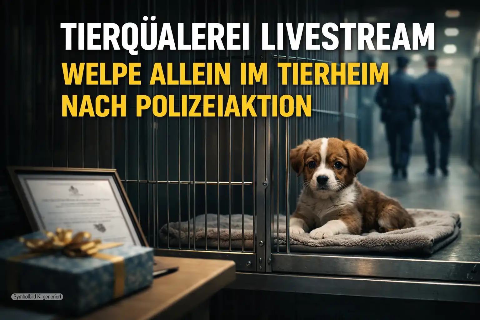 Verängstigter Welpe sitzt allein in einem Tierheimzwinger, während im Hintergrund Polizisten verschwommen weggehen und eine unbeachtete Urkunde auf einem Tisch liegt, Sinnbild für Tierquälerei Livestream und fehlende Hilfe für das Tier