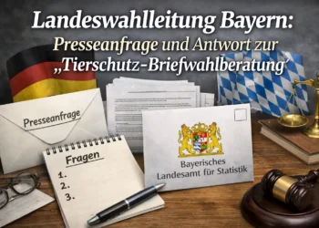 Photorealistisches Titelbild zur Landeswahlleitung Bayern Dokumentation mit Presseanfrage, Wahlunterlagen, amtlicher Antwort und Symbolen staatlicher Wahlaufsicht.
