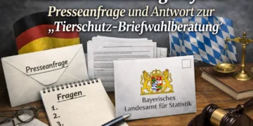 Photorealistisches Titelbild zur Landeswahlleitung Bayern Dokumentation mit Presseanfrage, Wahlunterlagen, amtlicher Antwort und Symbolen staatlicher Wahlaufsicht.
