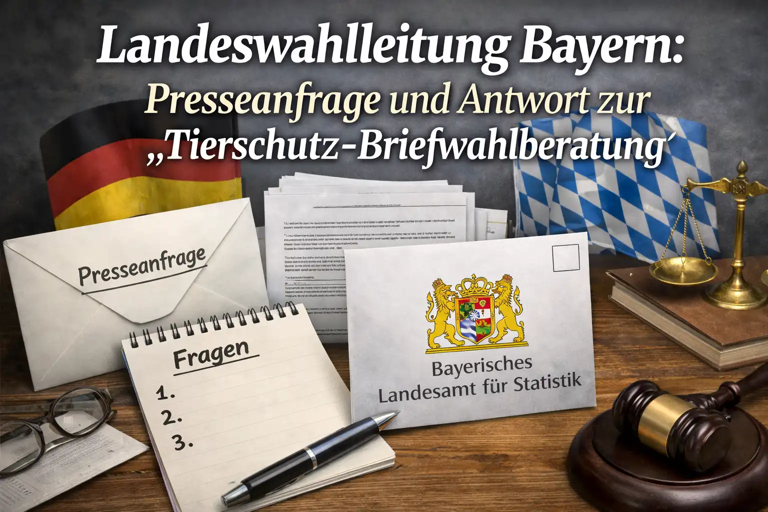 Photorealistisches Titelbild zur Landeswahlleitung Bayern Dokumentation mit Presseanfrage, Wahlunterlagen, amtlicher Antwort und Symbolen staatlicher Wahlaufsicht.