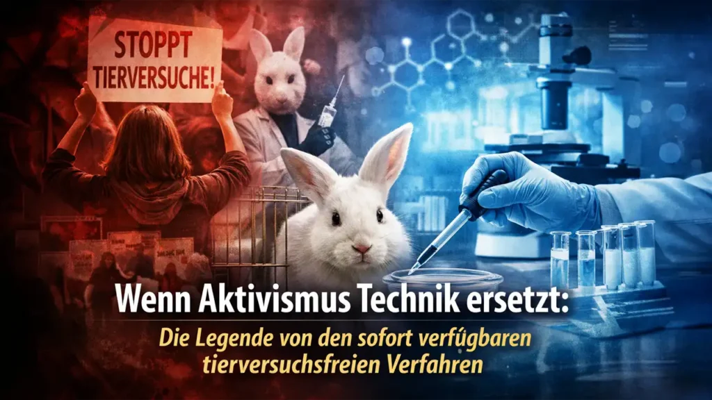 Symbolbild zum Konflikt zwischen Tierrechtsaktivismus und medizinischer Diagnostik: Kaninchen, Protestszene und Labor verdeutlichen die Debatte um tierversuchsfreien Verfahren.
