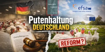 Putenhaltung Deutschland zwischen Recht und Reform: geteiltes Bild aus Massentierhaltung, Tierschutzgesetz, EFSA-Empfehlungen und Weidehaltung.