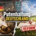 Putenhaltung Deutschland zwischen Recht und Reform: geteiltes Bild aus Massentierhaltung, Tierschutzgesetz, EFSA-Empfehlungen und Weidehaltung.