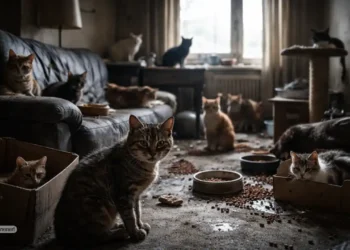 Mehrere Katzen in einer verwahrlosten Wohnung stehen exemplarisch für Katzenhortung Bayern und privates Tierleid hinter verschlossenen Türen.