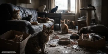 Mehrere Katzen in einer verwahrlosten Wohnung stehen exemplarisch für Katzenhortung Bayern und privates Tierleid hinter verschlossenen Türen.